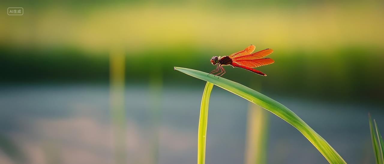 白露背景一只蜻蜓飞在叶子上二十四节气