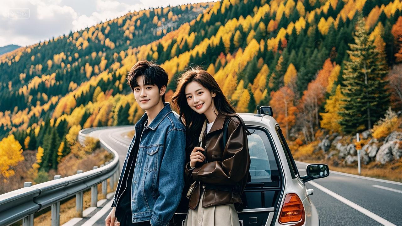 秋季情侣开车自驾游旅行出游旅游