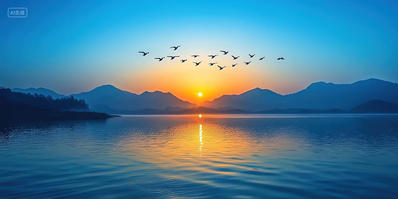 夕阳下一群白鹭在湖面上空飞过二十四节气