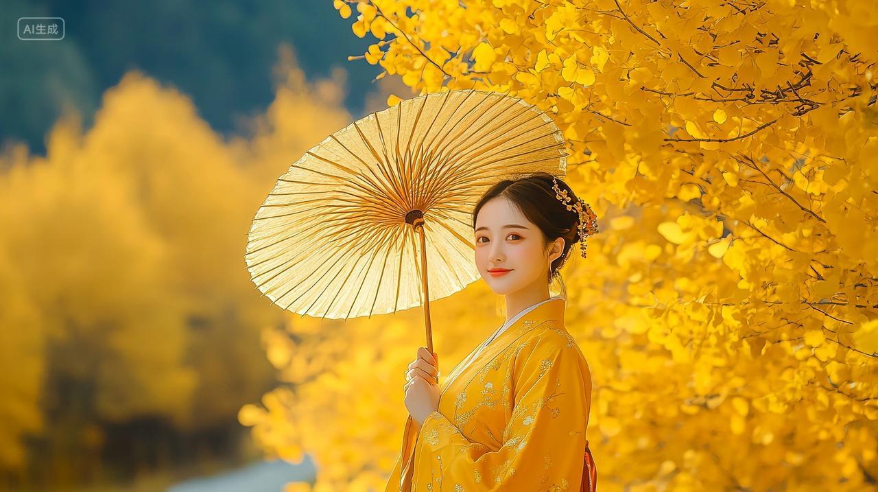 郊外秋日银杏林国风女子自然背景