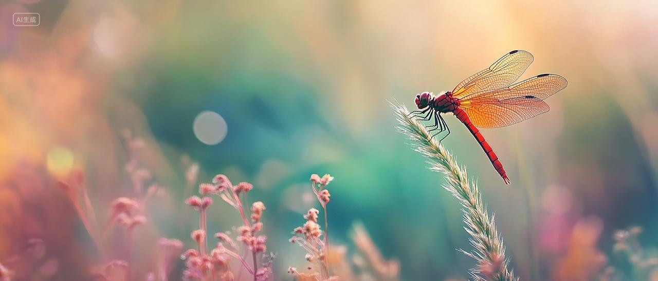 白露背景一只蜻蜓飞在叶子上二十四节气