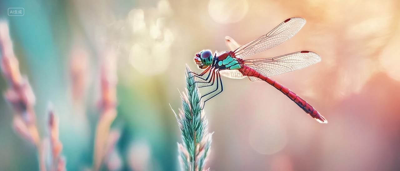 白露背景一只蜻蜓飞在叶子上二十四节气