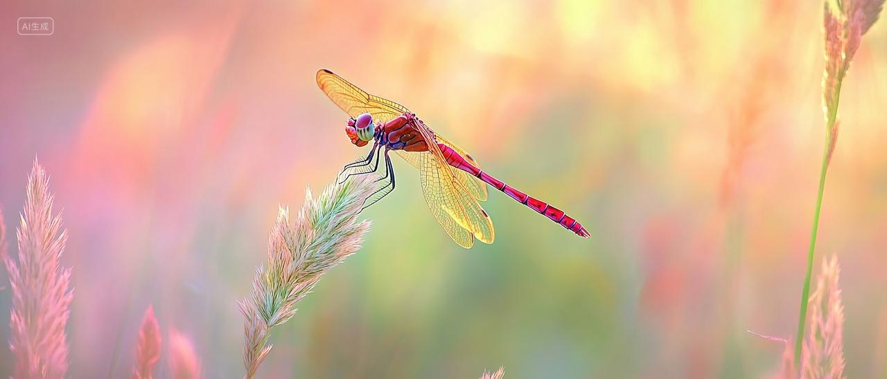 白露背景一只蜻蜓飞在叶子上二十四节气