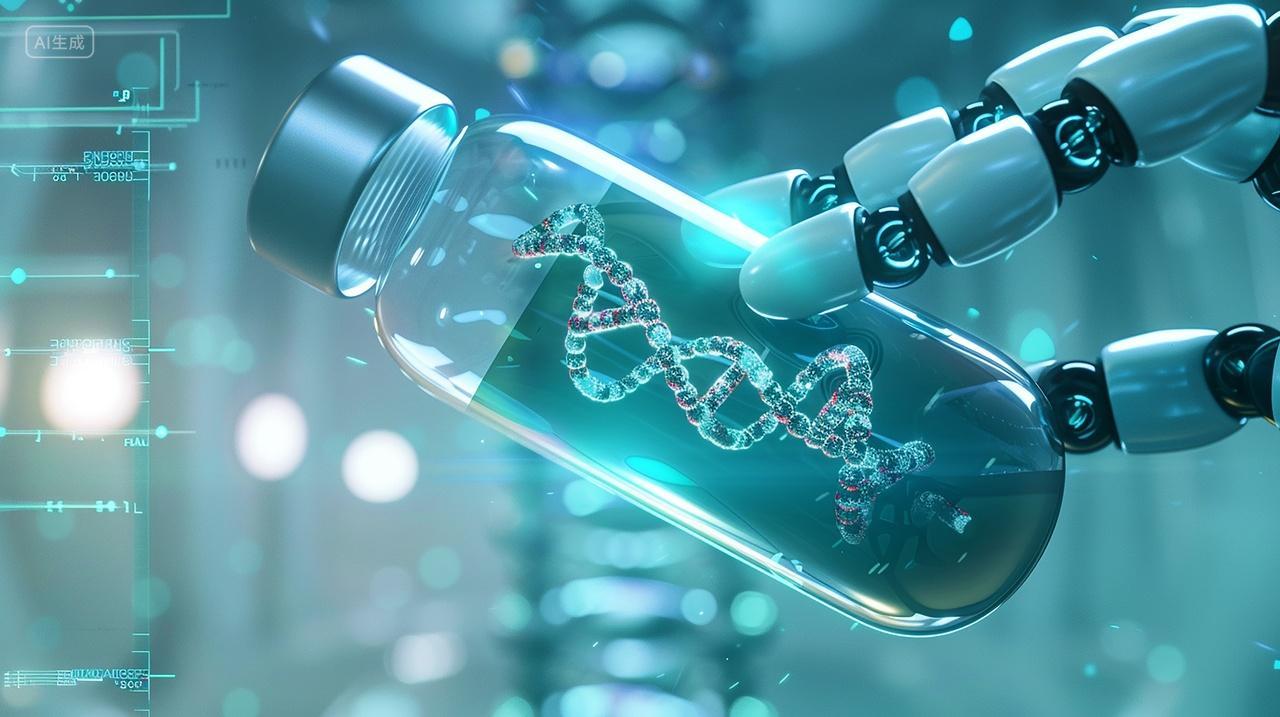 机器人手臂瓶子里的螺旋DNA分子模型医疗科技
