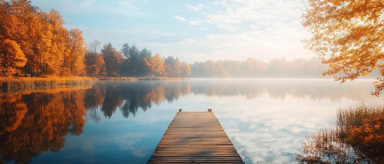秋天秋分风景壁纸湖上一座木板桥秋天二十四节气