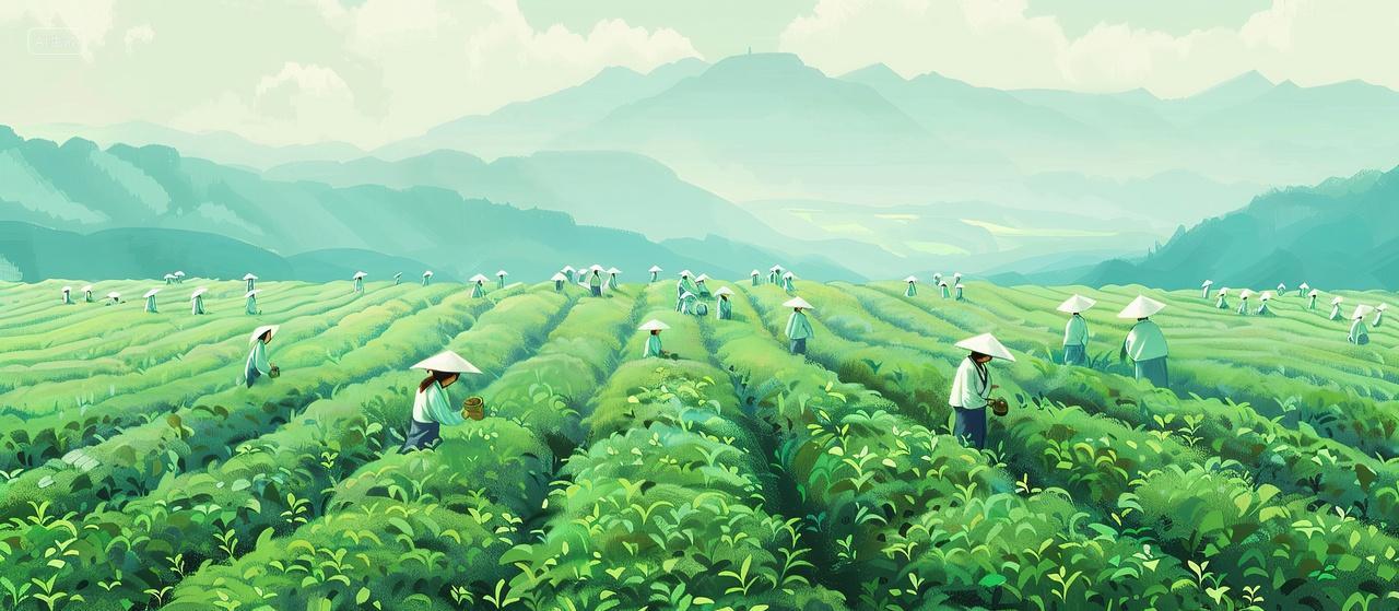 农民在茶园里采茶水墨绿色背景二十四节气