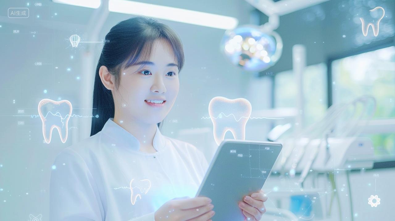 医疗口腔女医生手拿平板分析牙齿问题