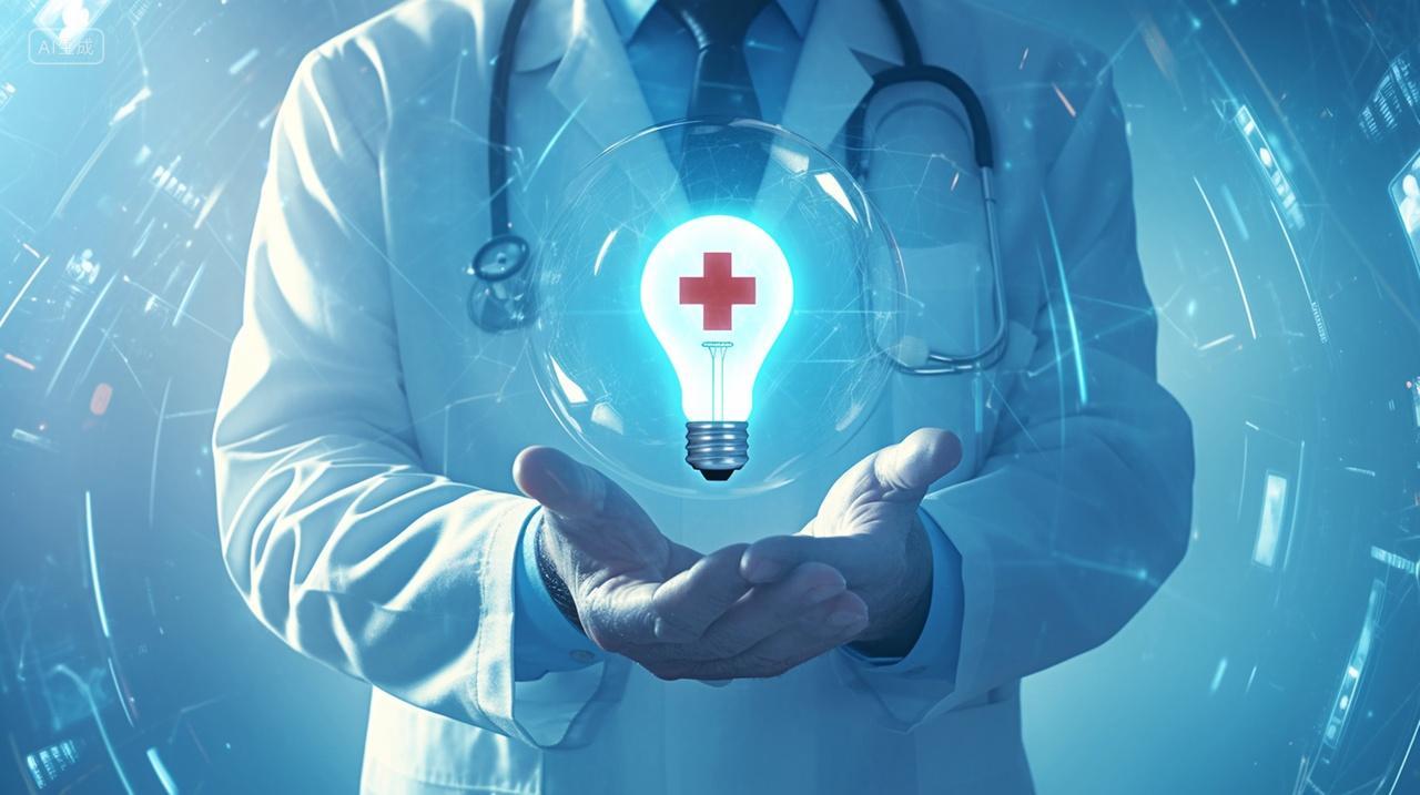 合成背景亚洲医生手托灯泡医疗技术智能网络概念图
