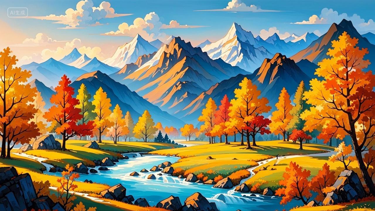 金秋山水插画立秋天风景背景