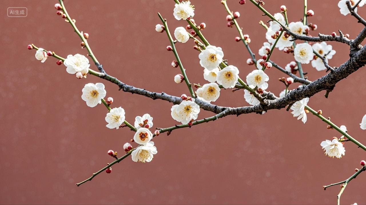 故宫墙院里盛开的梅花鲜花花卉风景壁纸