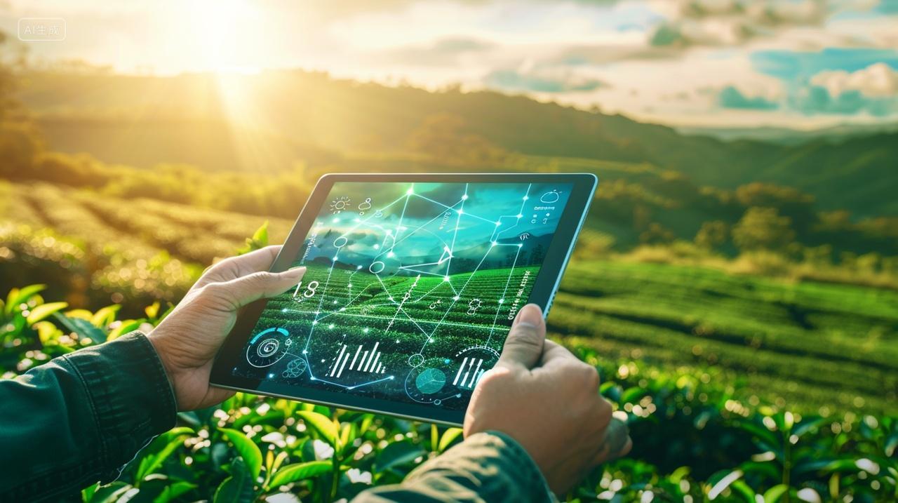 夕阳下人工智能科技手拿平板分析植物生长科技农业宣传
