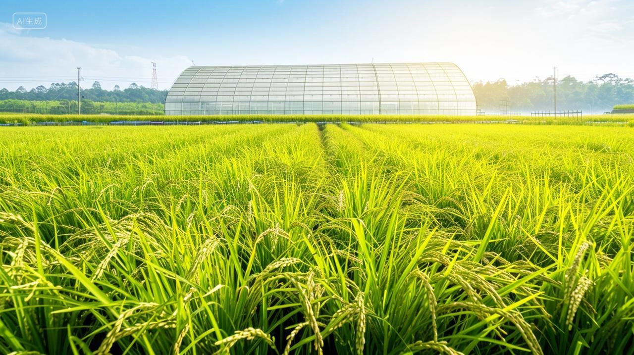 阳光照在农业大棚基地水稻绿色农田农业宣传