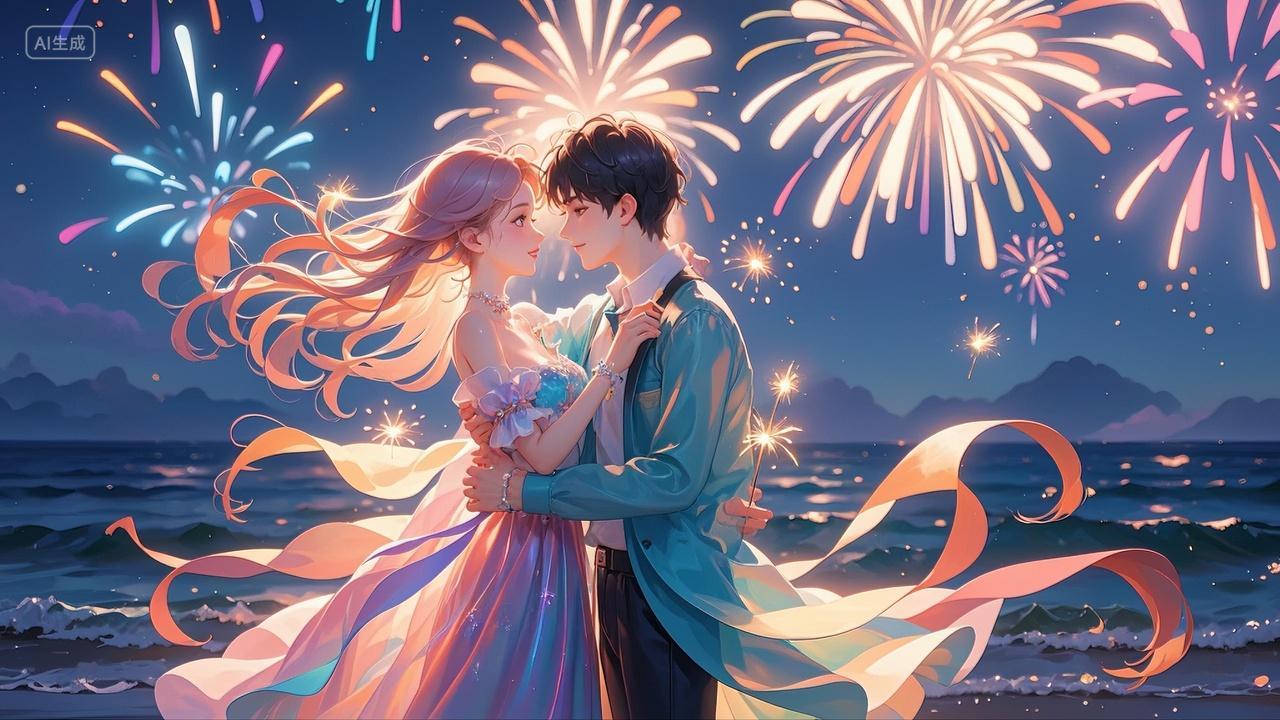 傍晚烟花中一对情侣相拥温馨场景七夕情人节520