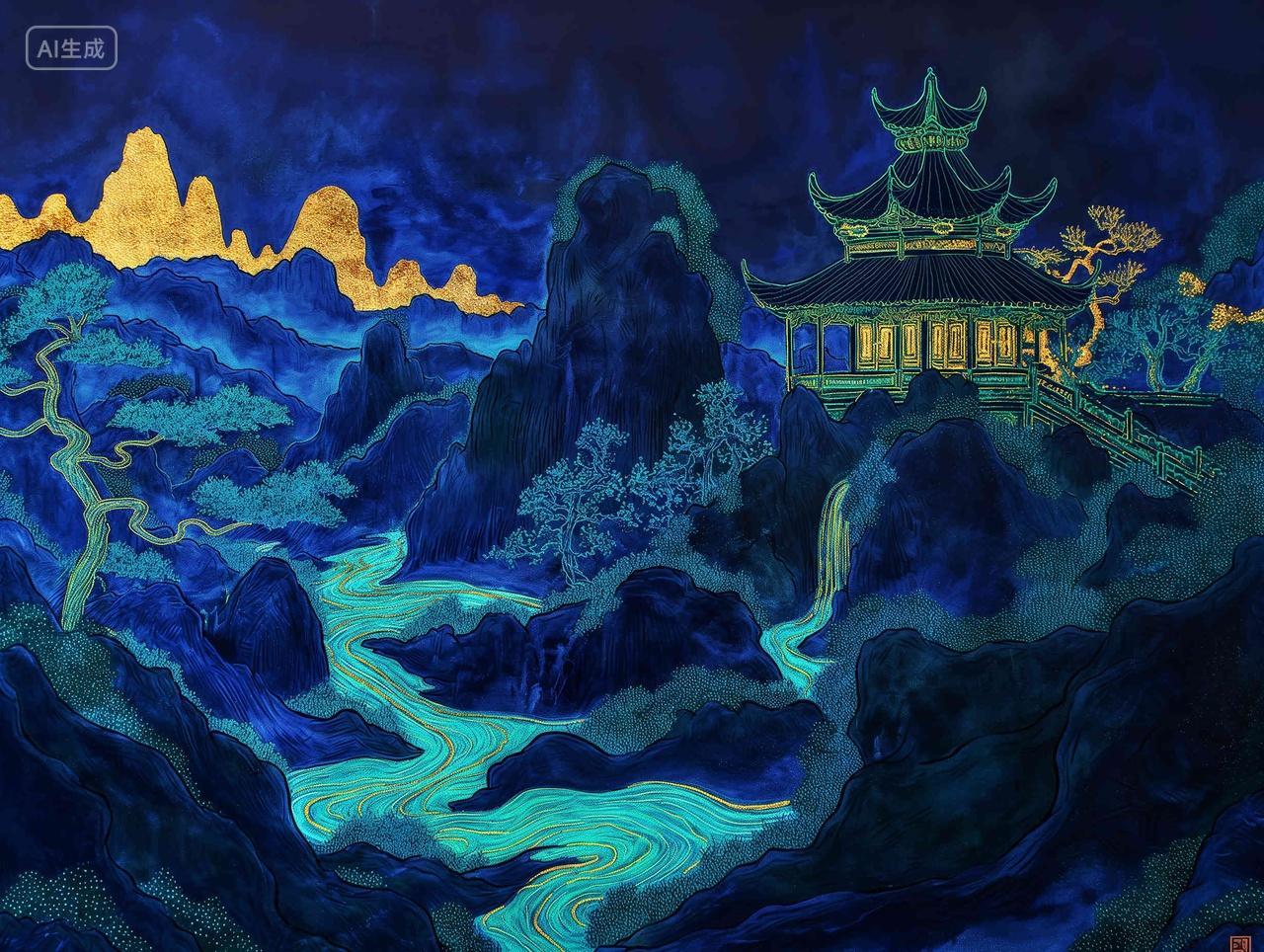 山水画国画深色山川河流金色线条亭子