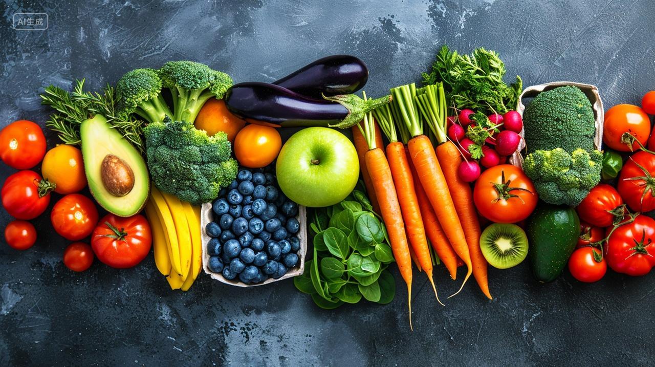 俯拍灰色背景各种各样的蔬菜和水果水果蔬菜广告背景