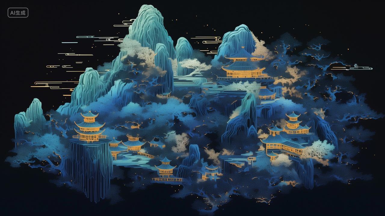 国画山水画深色高山流水云雾缭绕亭子