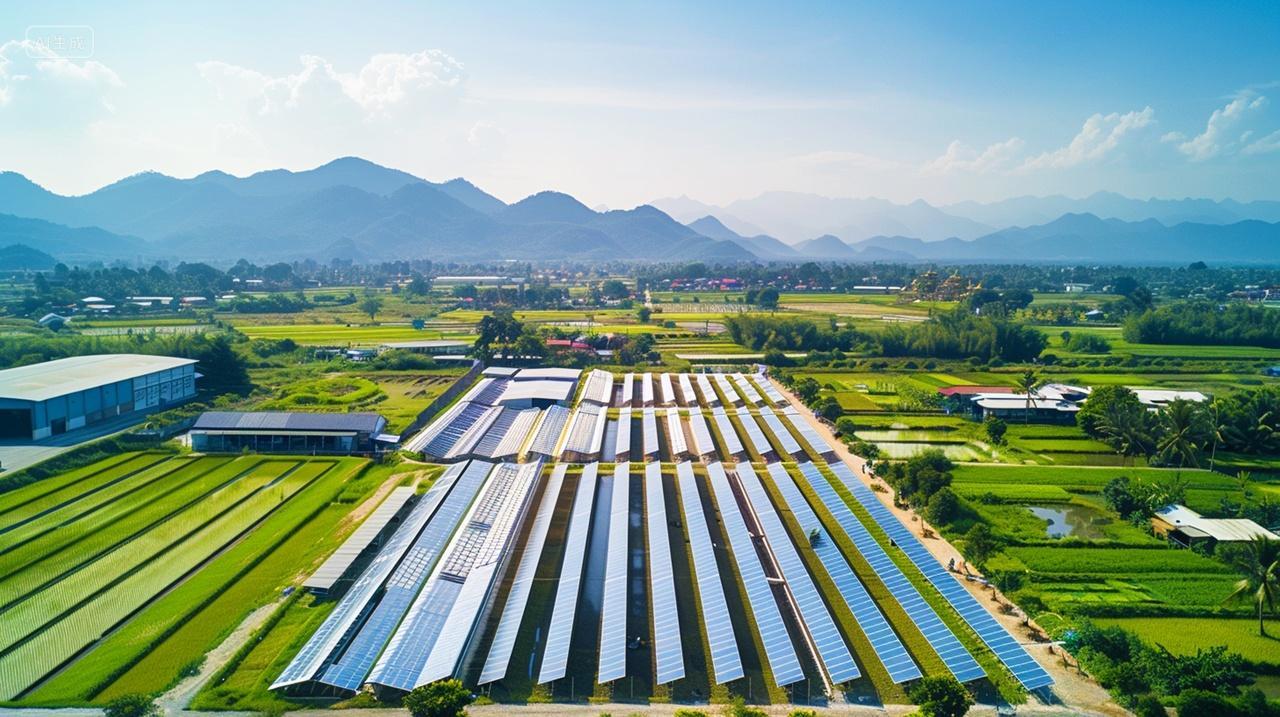 航拍山区附近的太阳能光伏电板