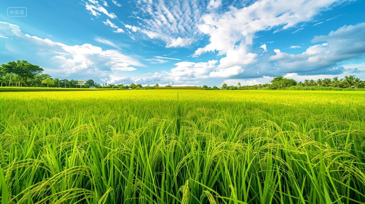 蓝天白云下的水稻农田农业宣传背景