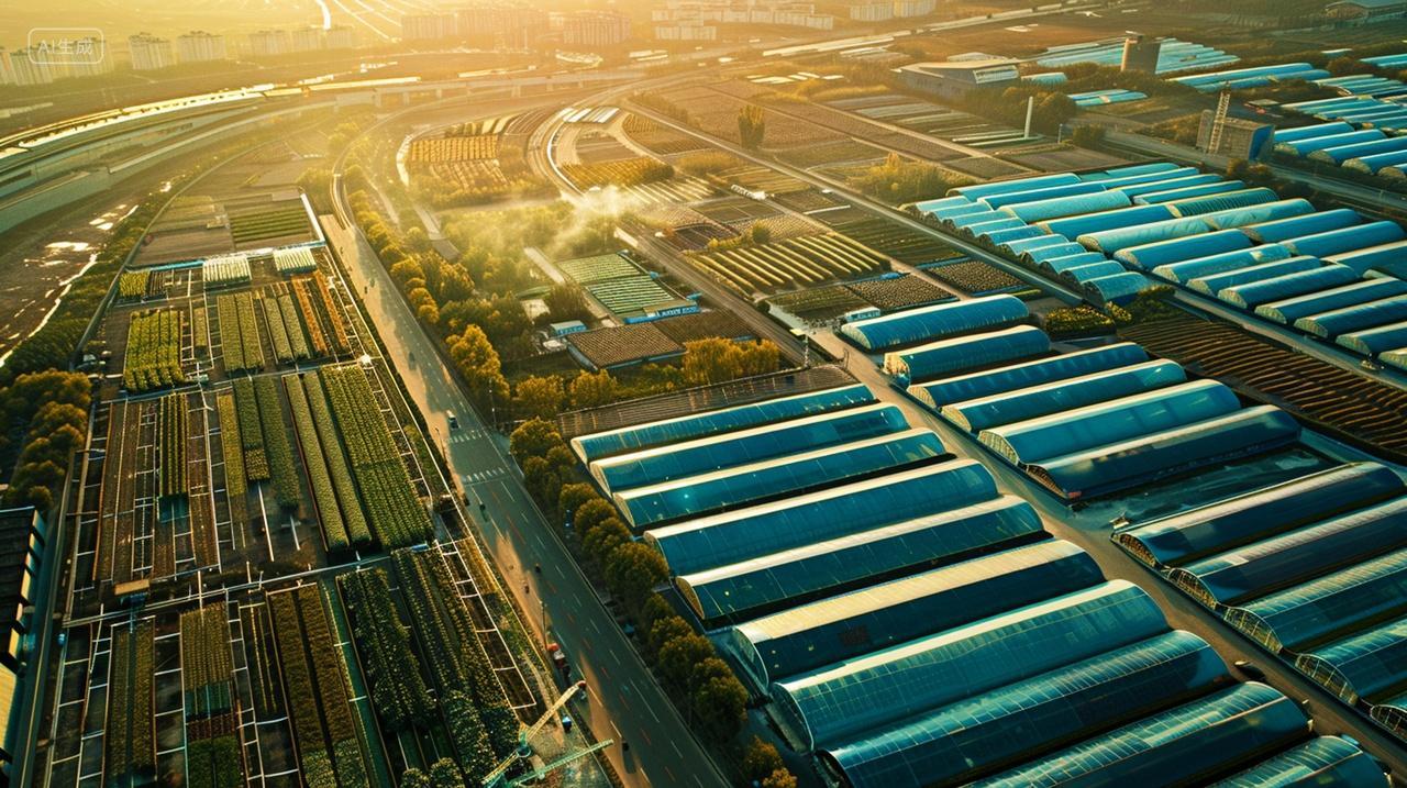 航拍夕阳下温室大棚基地农业宣传