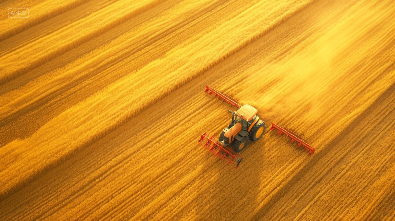 航拍金色麦田联合收割机收割麦田农业丰收