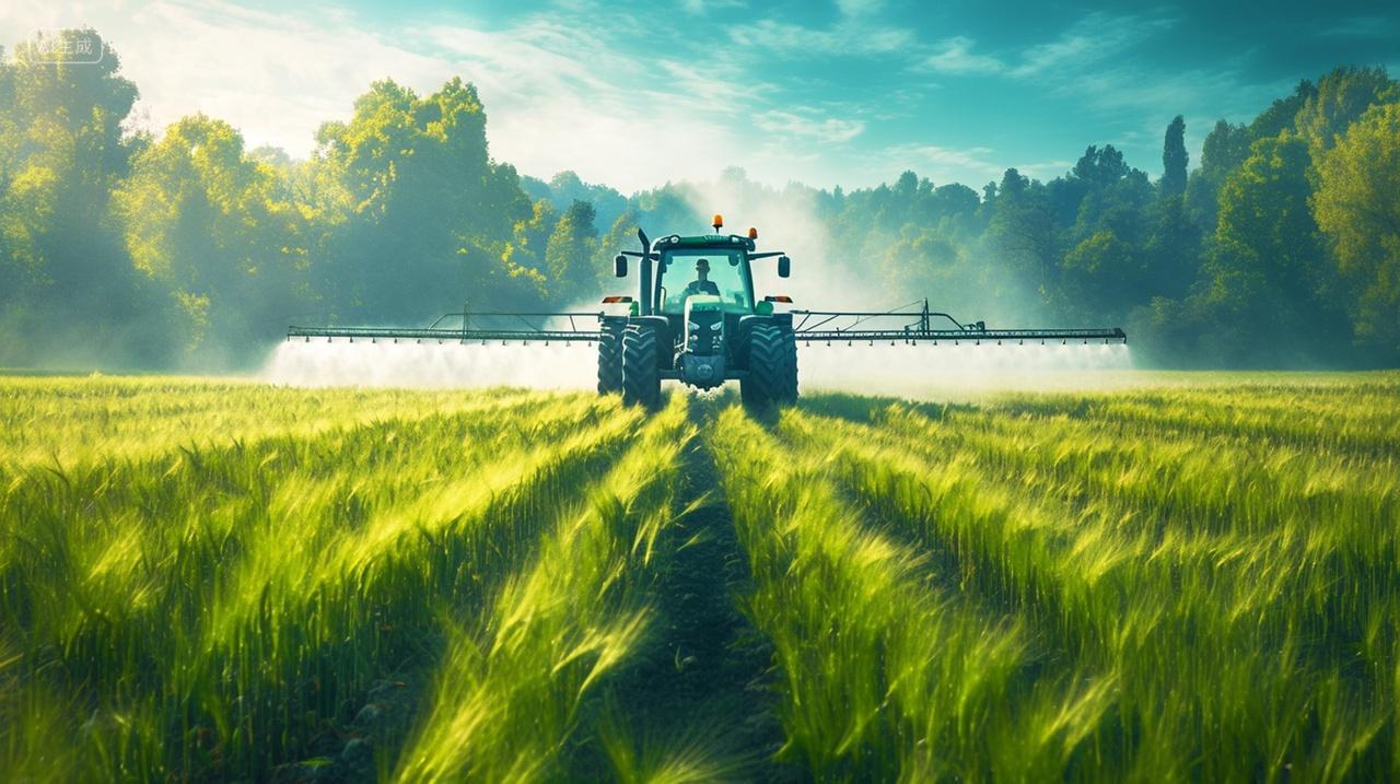 拖拉机在绿色麦田喷洒农药农业宣传