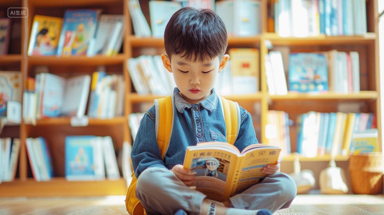 坐在图书馆看书的小男孩世界读书日