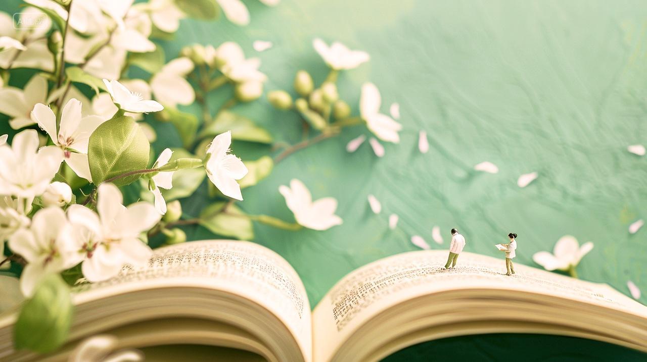 白色花朵绿色背景人站在翻开的书本世界读书日