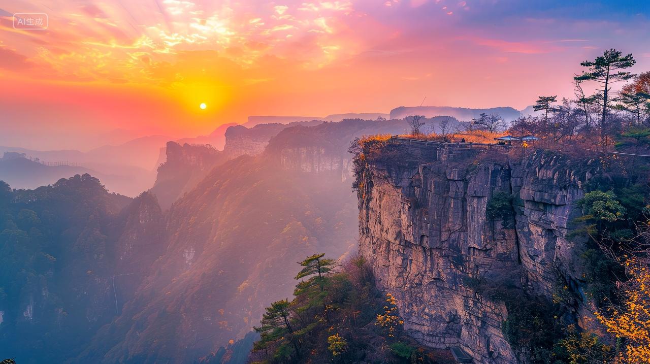 美丽的秋日悬崖日出自然背景
