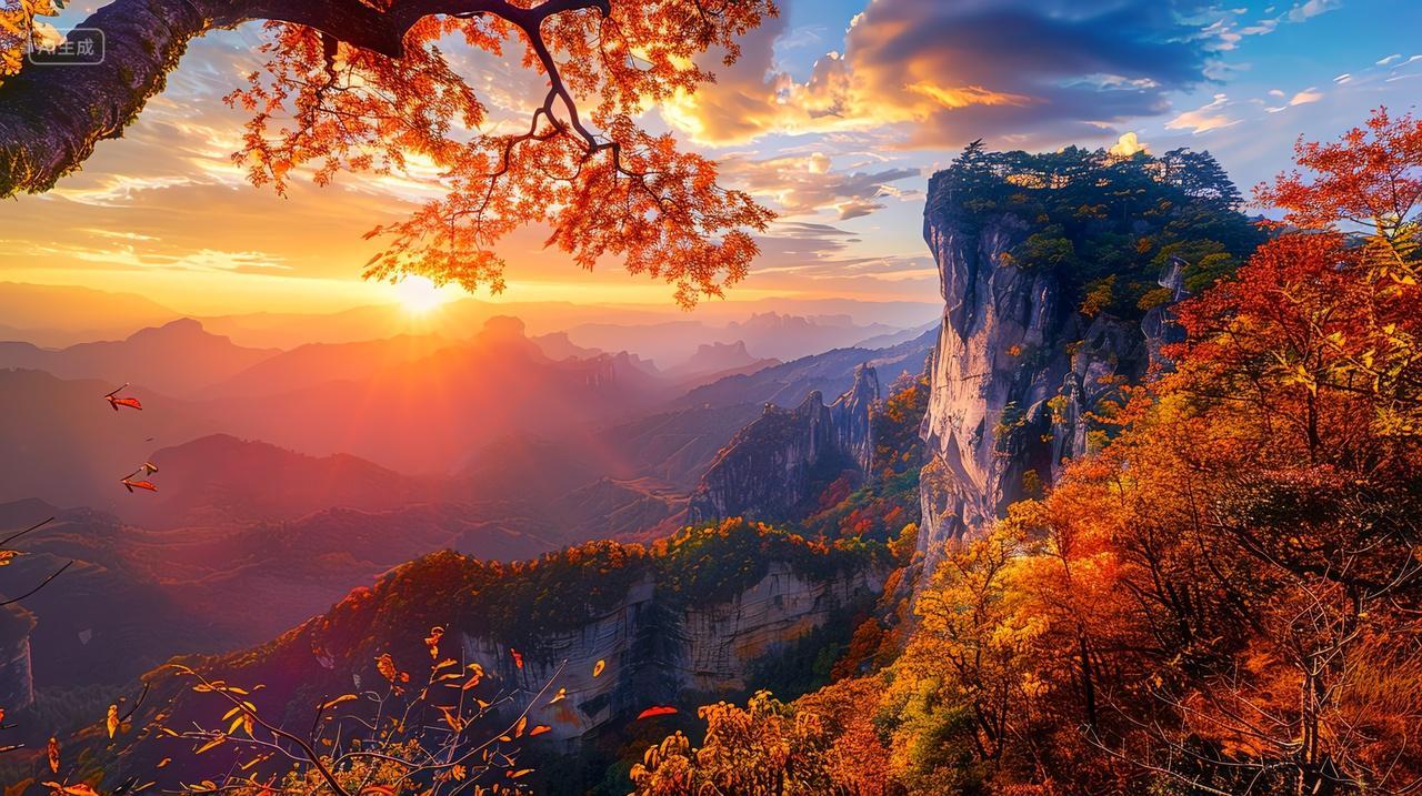 美丽的秋日悬崖日出自然背景