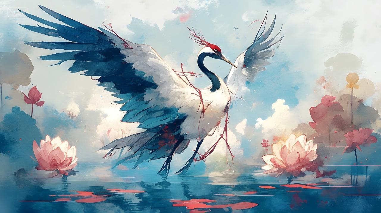 仙鹤与莲花在梦幻水景中插画