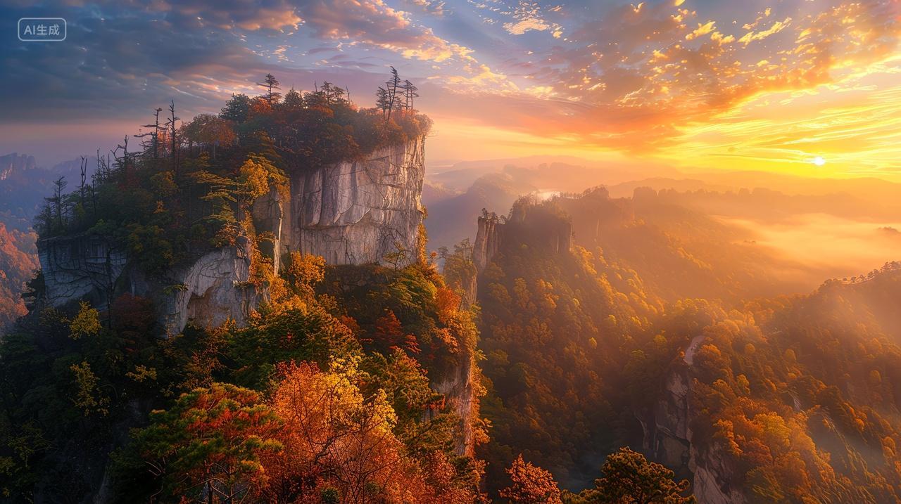 美丽的秋日悬崖日出自然背景