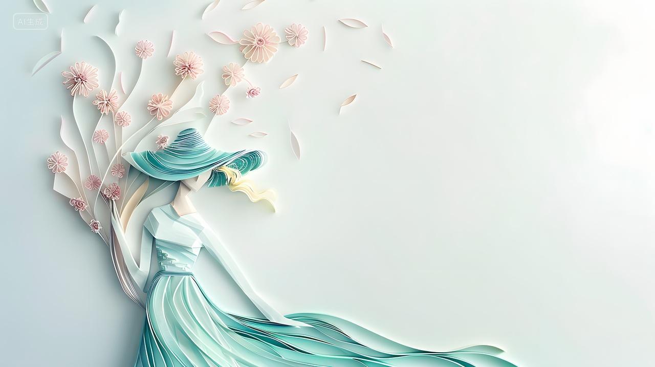 春季蓝绿色长裙人物戴帽子清新图