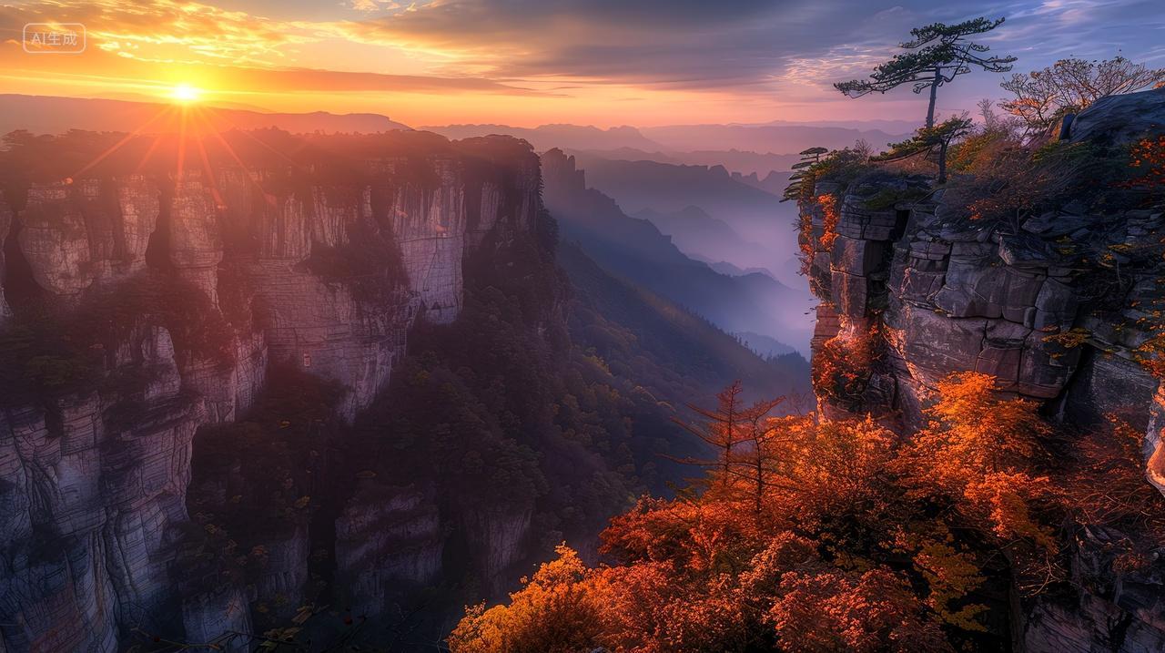 美丽的秋日悬崖日出自然背景