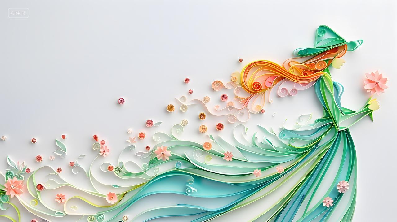 春季绿色长裙人物手捧花束清新图