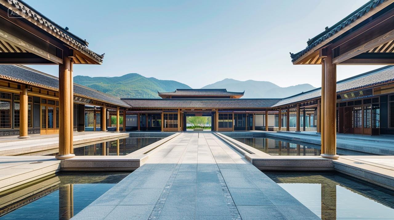 远山前的中式园林建筑自然风景