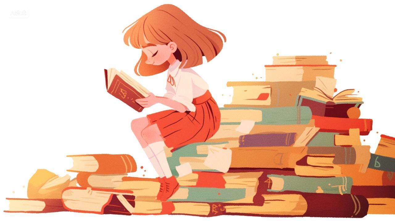 插画背景坐在一堆书上看书的女孩世界读书日