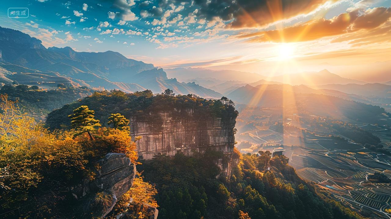 美丽的秋日悬崖日出自然背景