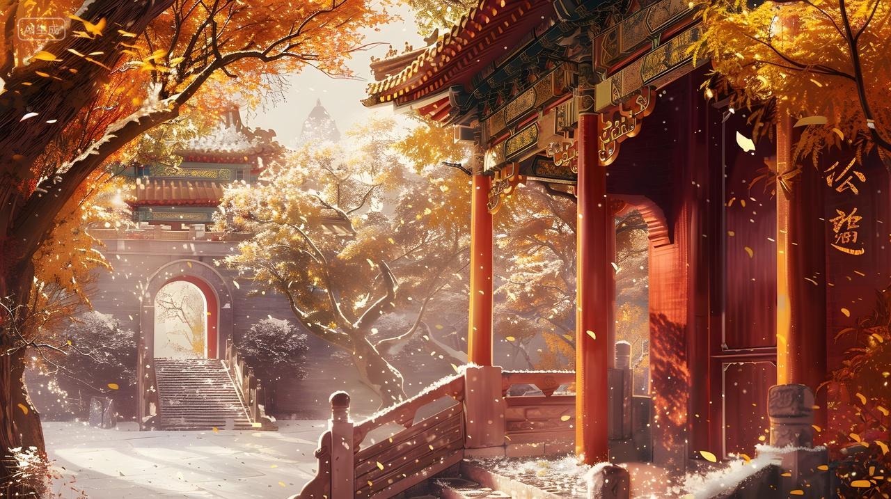 中国传统建筑秋季风景手绘插画背景