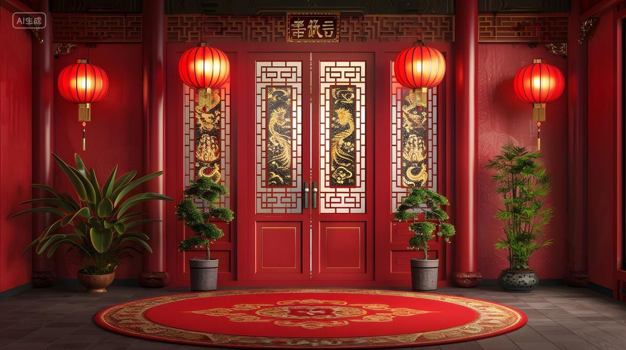 红色灯笼装饰的中国传统门庭壁纸