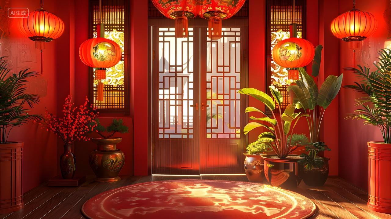 红色灯笼装饰的中国传统门厅