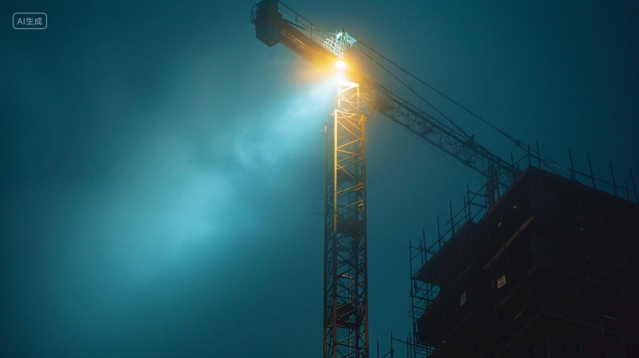 实拍夜晚工作的塔吊机器特写建筑工地安全生产
