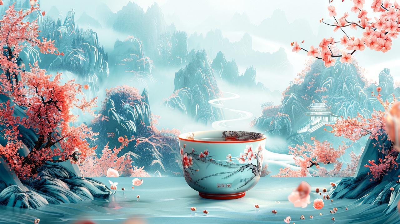 国潮中国风印花陶瓷马克杯山水画风景插画梦幻广告素材