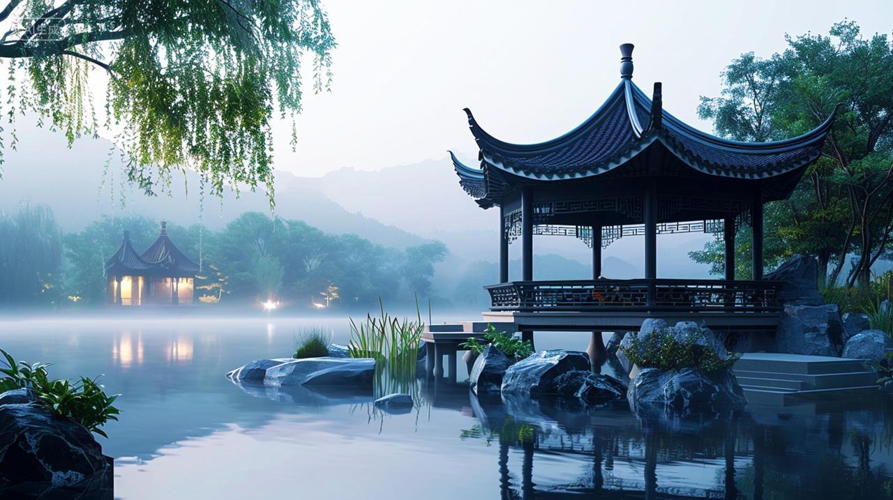 中国风意境山水亭子远山湖水自然风光