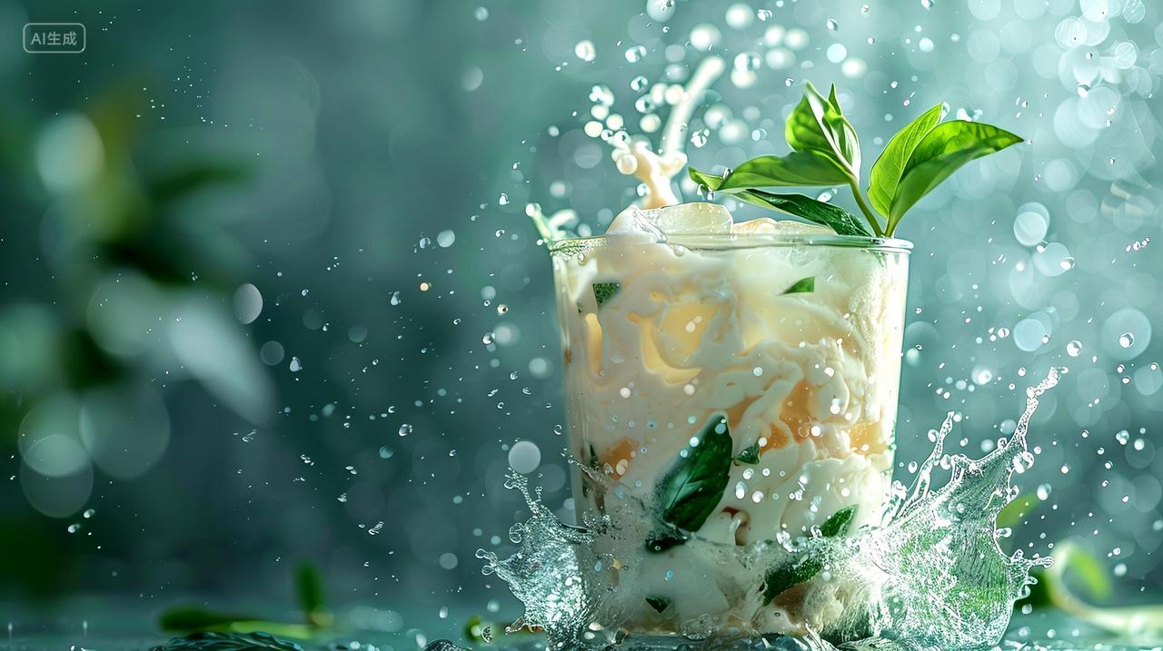 秋天第一杯冰块奶茶飞舞茶叶水滴特写