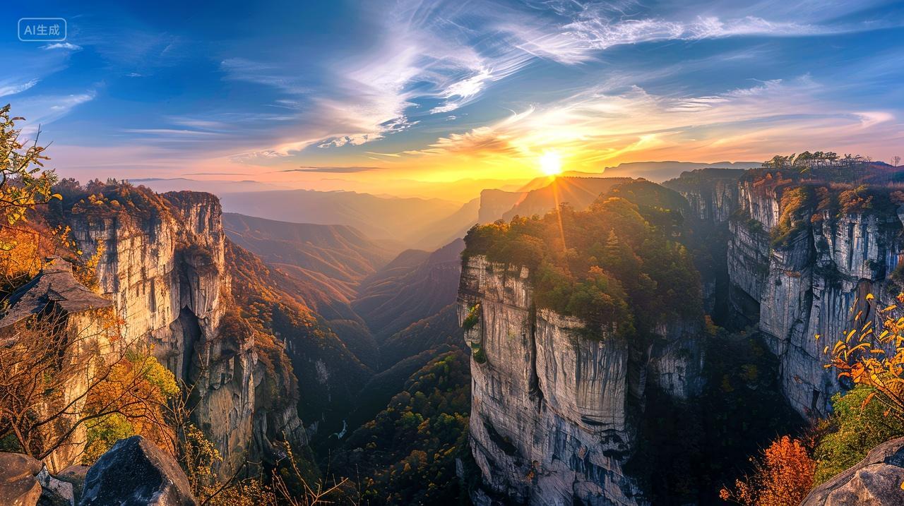 美丽的秋日悬崖日出自然背景