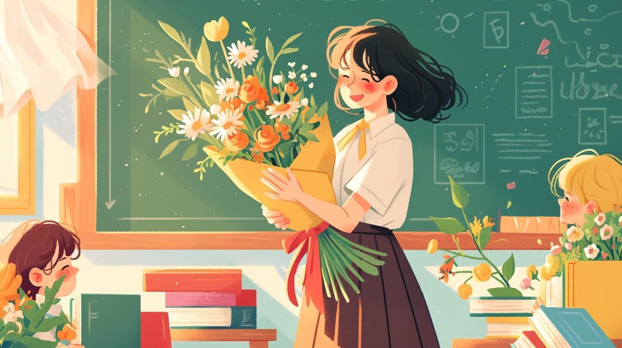 手绘插画教师节教室里收到鲜花的女教师