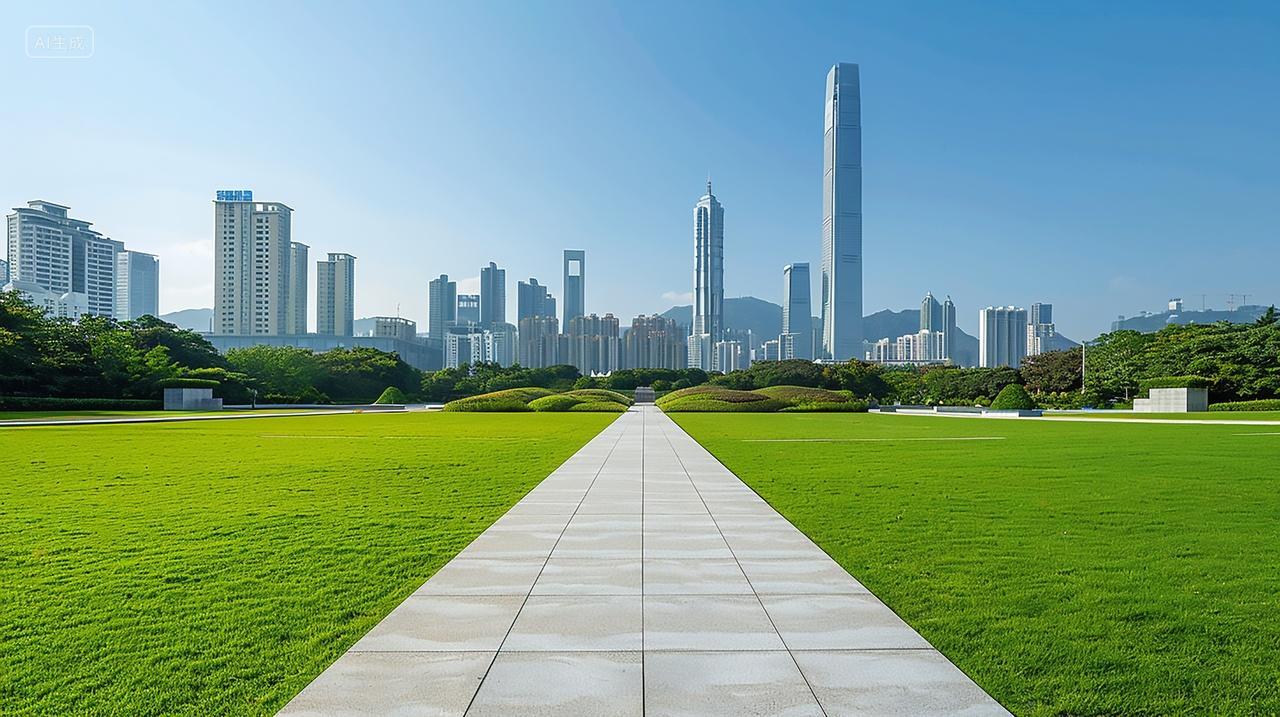 蓝天城市建筑草坪地产宣传实拍摄影