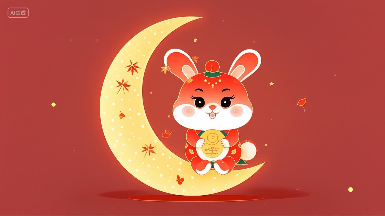 红色中国风玉免和月亮八月十五中秋节背景