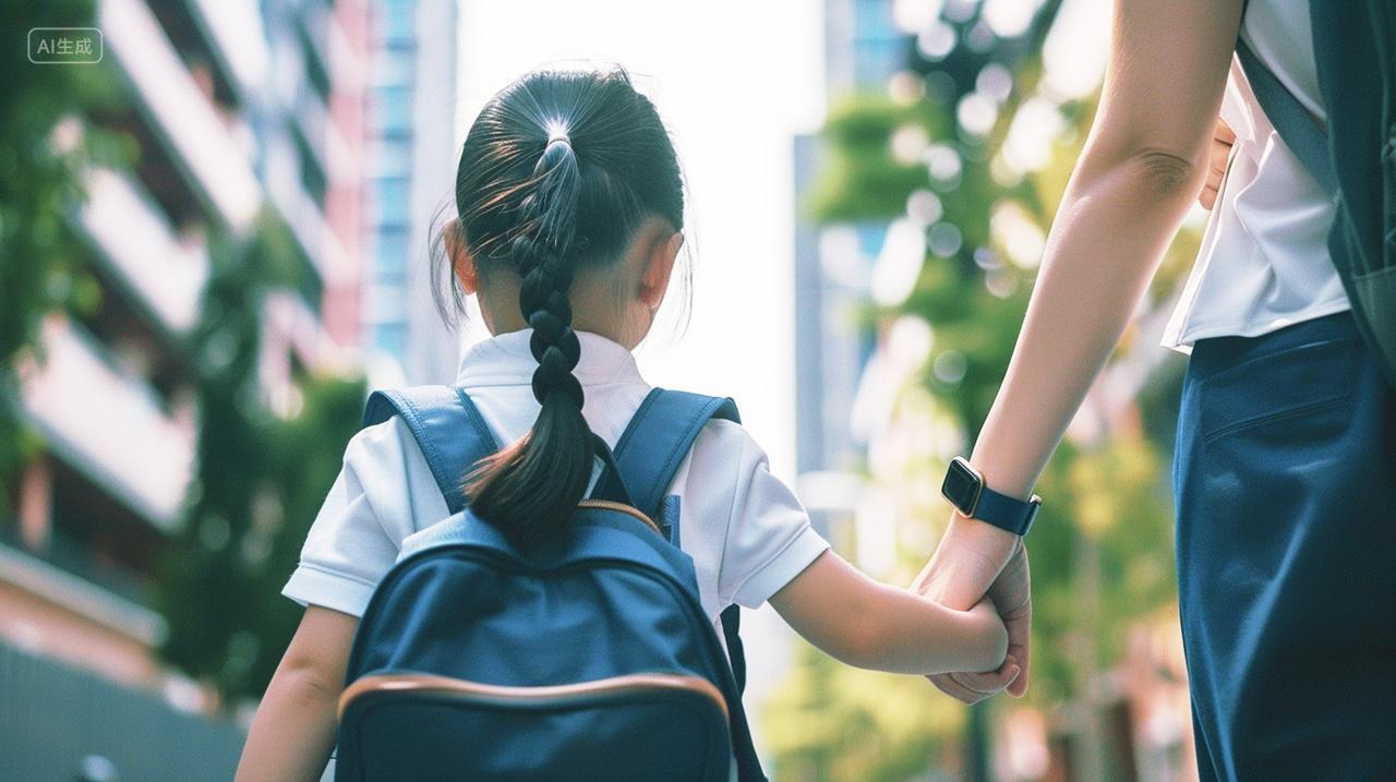 实拍手拉手小女孩背书包背影一起上学开学啦教育培训