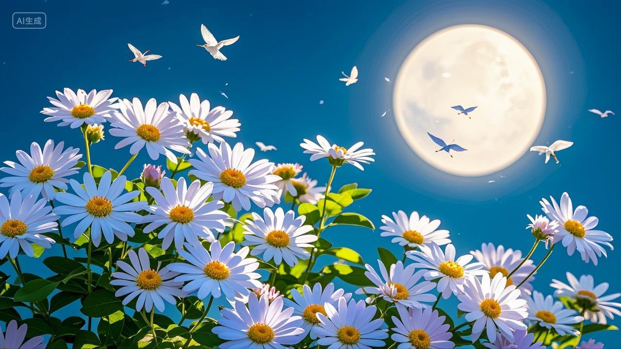 月色下盛开的鲜花卉花朵风景壁纸